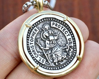Saint Christopher Necklace Mens Medal Silver Cast Medallion Jerusalem Cross Stainless Steel Chain Patron Saint Police Officers Soldiers