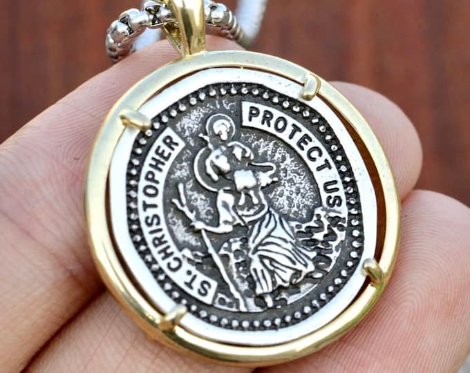 Saint christopher medal police officers soldiers silver cast medallion for man jerusalem cross stainless steel chain patron saint