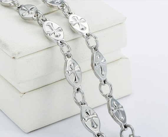Silver Oval Raised Sideways Cross Link Chain Necklace and Bracelet Fabulous Raised Horizontal Cross of Christ Heavy Stainless Steel Chain