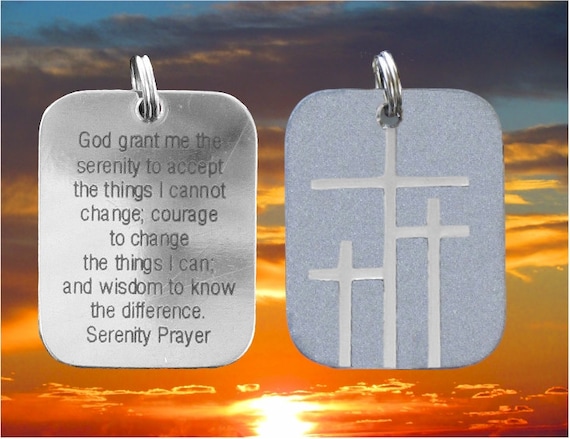 Silver Calvary 3 Three Triple Cross Serenity Prayer Dogtag Necklace Pendant Womens Mens Christian Jewelry Three Crosses on Calvary