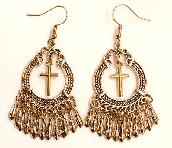 Silver Gold Cross Earrings Bohemian Boho Tassle Hippie Woman Cross Silver Gold Girls Drop Dangle Christian Jewelry Jewellery