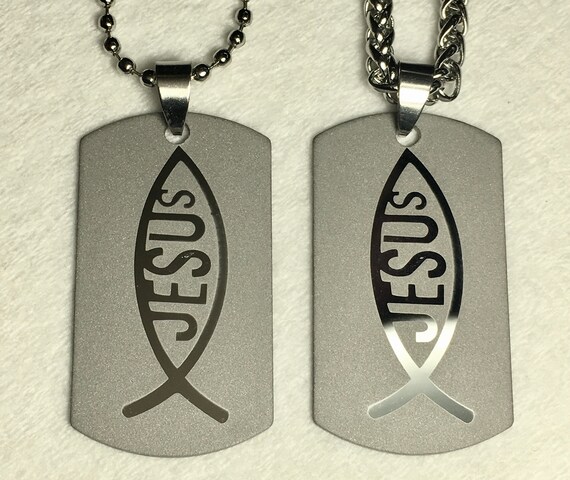 Silver Etched Jesus Fish Dog Tag Cross Necklace Men Woman Chain Christian Jewelry