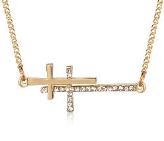 Gold Sideways Cross Necklace Horizontal Cross Gold or Silver Dainty Double Crosses Rhinestone Cross Pendant Jewellery Cross of Jesus Jewelry