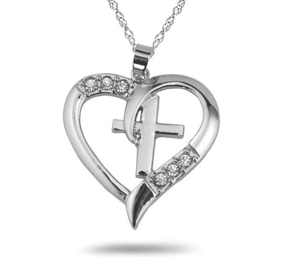 Silver Heart with Crystal Rhinestones and Petite Interior Cross and Necklace