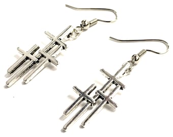 SET- 3 Crosses Earrings and Necklace Silver Triple Cross of Calvary Vintage Women Men Calvary Catholic Orthodox Crucifix Girls Jesus