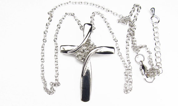 Silver Twist Cross Necklace Crystal Inset Rhinestone with CZ Look Pendant for Woman Girls Chain Wedding Christian jewellery Jewelry