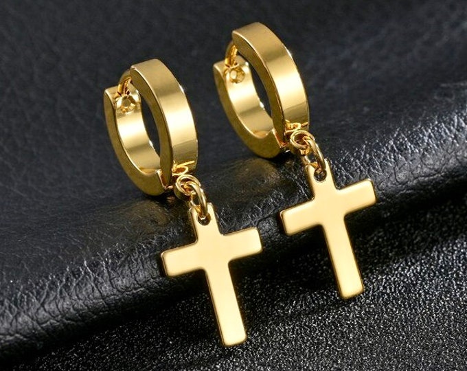 Single Cross Leaver Back Earrings Hipster Club Dance Punk Earrings Waterproof Dangle Black Silver Gold Cross of Jesus Jewelry for Men