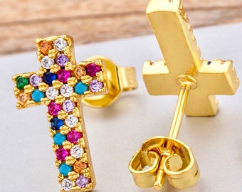 Multi Color CZ Gold Cross Earrings Weddings Bridesmaid Rainbow Stud Crosses for Women Girls jewellery jewelry