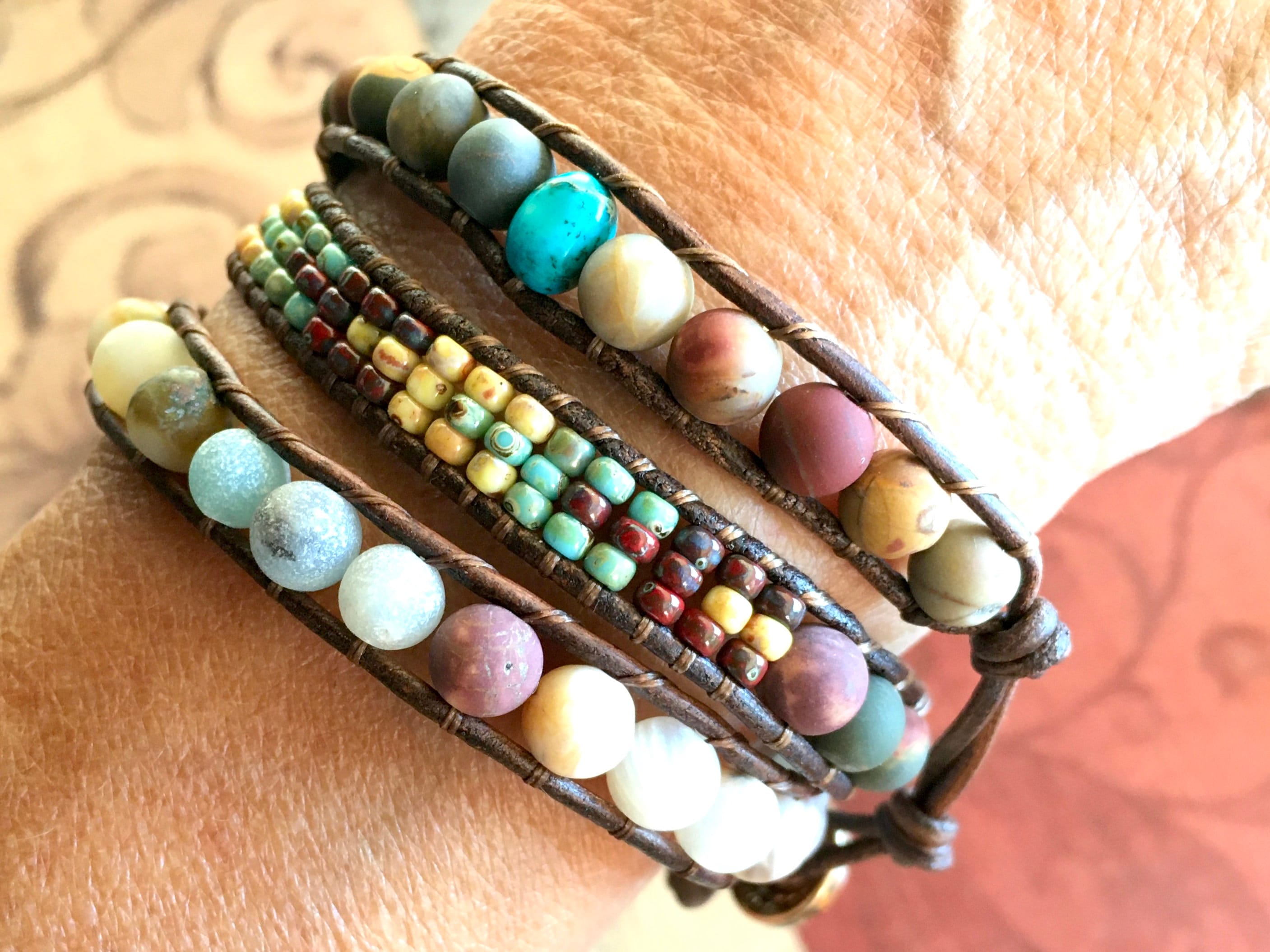 Handmade Raw Pyrite Boho Bracelet With Mixed Natural Stones And Leather  Wrap 5 Desert Strands For Women CX200730 From Quan10, $14.93