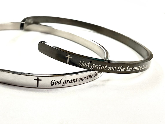 Thin Black and Silver Serenity Prayer Cuff Bracelet All Stainless