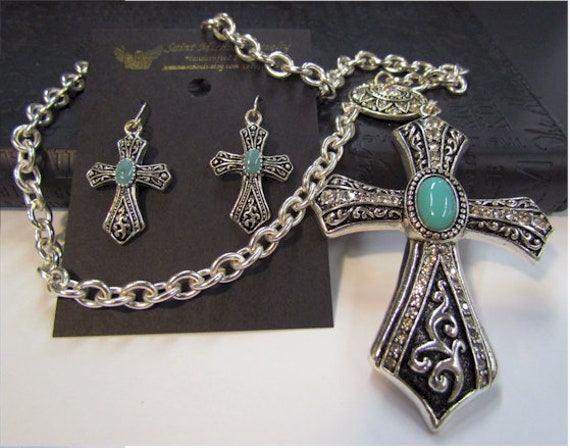 CLOSEOUT 10 Sets - Lot Price - Vintage Elegant Style Cross 1 and 2 Piece Necklace Earring Sets Crystal Drop Dangle
