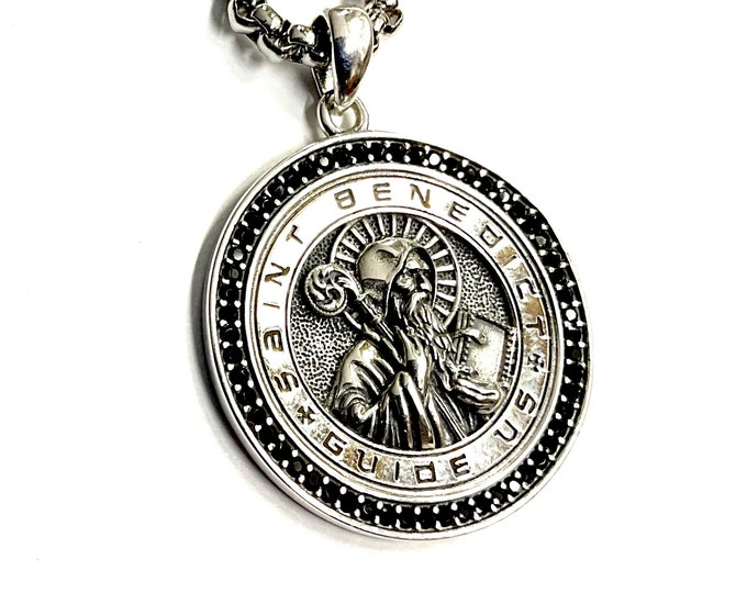 Solid Sterling Saint Benedict Guide Us Medal with Black Zircons S925 Necklace Men Women Catholic Orthodox Religious San Benito