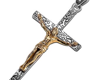 Solid Sterling Silver Cross Gold Crucifix music aficionados Good Vibrations for Men Old World Silver S925 Necklace catholic 3 Color Jesus