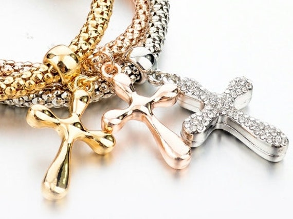 3 Cross Bracelets Stretch Bangles Cuff Gold Rose Silver All 3 in Set Cross Charms Crystal Rhinestones Jewellery jewelry