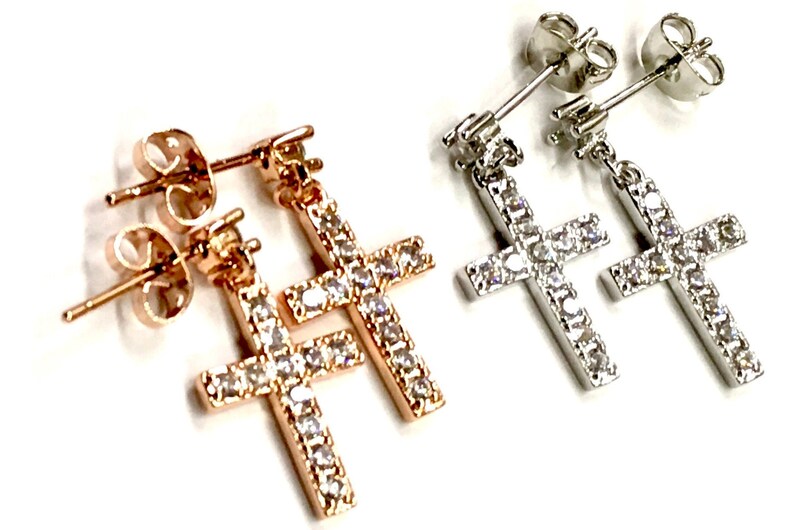 Silver RoseGold CZ Cross Earrings Dainty Drop Dangle Studs Cast CZ Post Design Elegant Womens jewellery Girls jewelry jesus