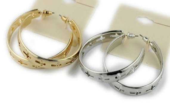 Cross Hoop Earrings for Women Weddings Bold Hollow Cut Crosses Entire Hoop Stud Design Post Cross of Jesus Jewelry for Girls Jewellery