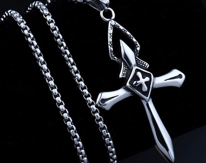 Gothic Knights Templar Crucifix and Cross Necklace Silver Waterproof Stainless Steel Chain Thick Jewelry Boys Jewellery Cross of Jesus