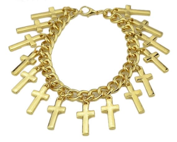 Gold Heavy Chain 15 Multi Cross Bracelet Womans Girls Christian Jewlery