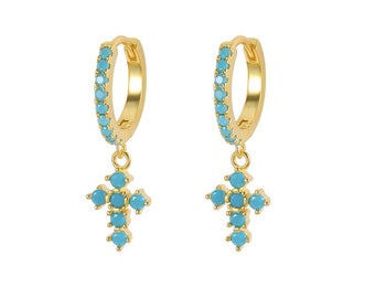 Turquoise Cross Hoop Earrings Gold over Solid Sterling Silver Classic Western Style Crosses of Jesus Jewelry Modern Wedding Woman