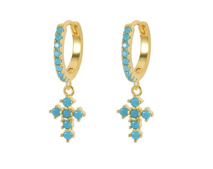 Turquoise Cross Hoop Earrings Gold over Solid Sterling Silver Classic Western Style Crosses of Jesus Jewelry Modern Wedding Woman