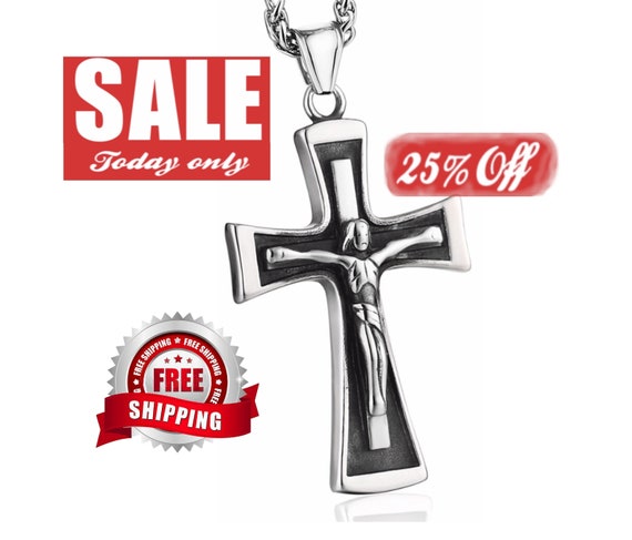 Cross Necklace for Men Crucifix Solid Outline Cast Stainless Steel Silver Black 2 Colors Super Heavy Chain Cross of Jesus Jewelry Jewellery