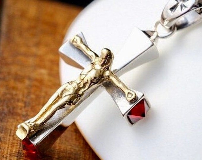 Solid Sterling Silver Cross Red Zircon Crucifix Necklace S925 heirloom jewelry Pendant for Women Cast Jewelry link Chain Jewellery for Girls