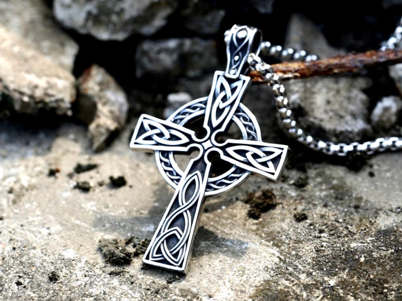 Celtic Wood Cross Pendant Stainless Steel Chain Necklace