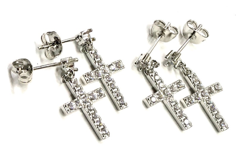 Silver RoseGold CZ Cross Earrings Dainty Drop Dangle Studs Cast CZ Post Design Elegant Womens jewellery Girls jewelry jesus