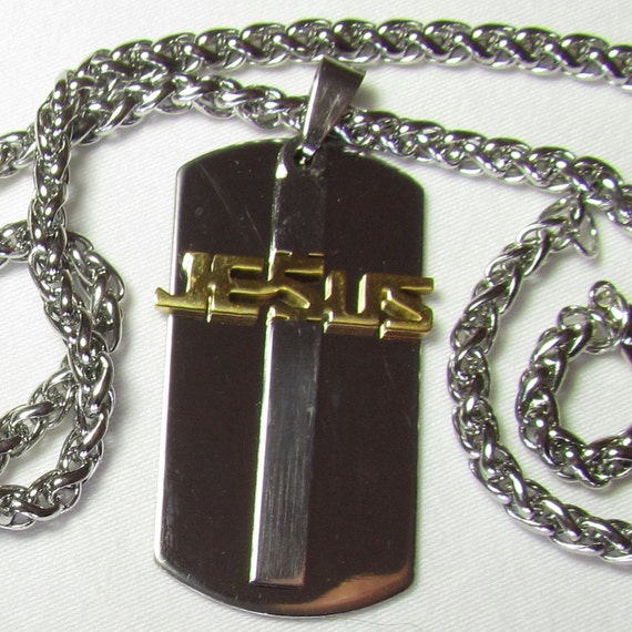 Silver Gold DogTag Necklace Pendant Jesus Cross Horizontal Cutout Stainless Steel Mens Boys Christian Jewelry - Saint Michaels Jewelry