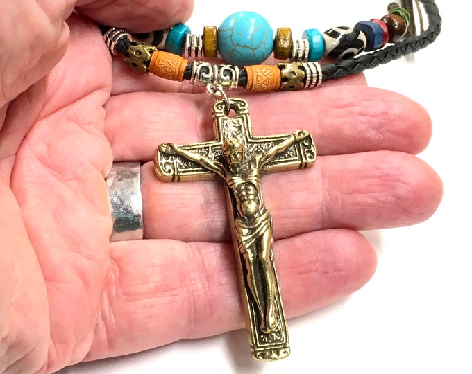 Solid Brass Cross Crucifix Necklace Boho 2 Strand Leather choker Bohemian Wood Bead Pendant Necklace Men Women Christian Jewelry