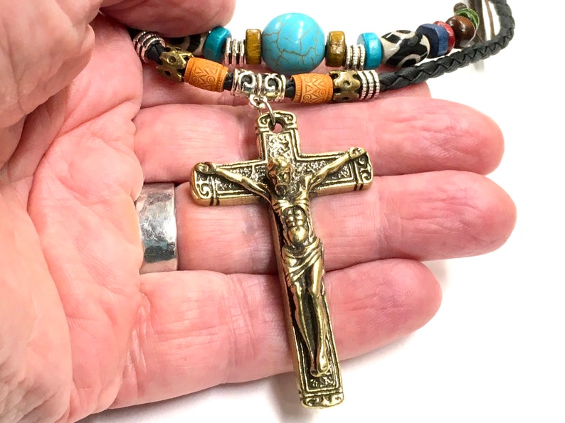 Solid Brass Cross Crucifix Necklace Boho 2 Strand Leather image 1
