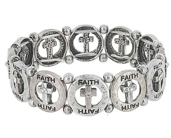 Cross Faith Cuff Bracelets Stretch Silver Bangle Inset Rhinestones Stamped Lettering Wrap Bracelet Christian Jewellery jewelry