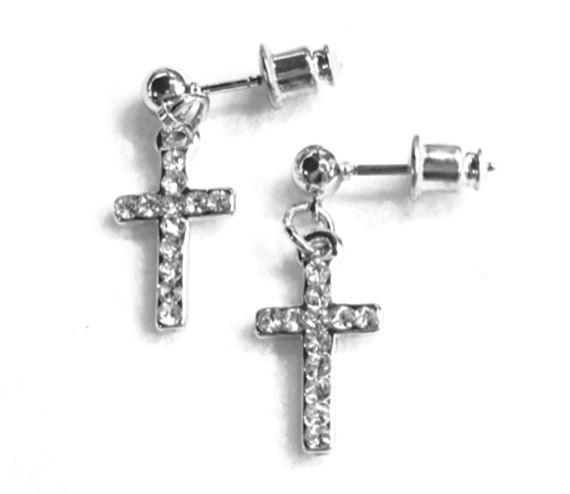 Silver Cross Earrings Dainty Drop Dangle Cross Studs Rhinestone Cast CZ Look Post Design Elegant Womens jewellery Girls jewelry jesus