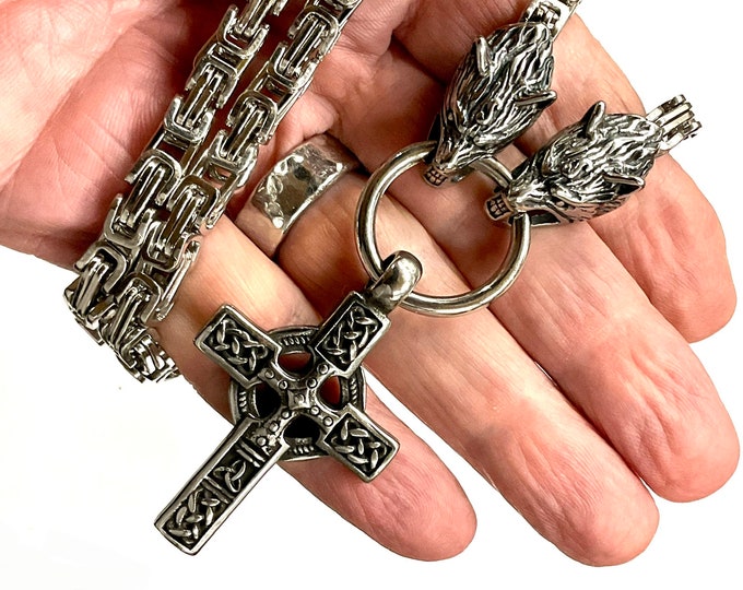 Viking Wolf Head Celtic Cross Necklace Celtic Irish Knot Crucifix Silver Waterproof Hypoallergenic Vintage Filigree Heavy Chain