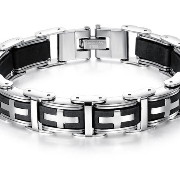 Heavy Silver Black Bracelet Cross Links for Mens Bangle Stainless Steel Engraved Boys Cuff Heavy Design Christian Jewelry Jewellery