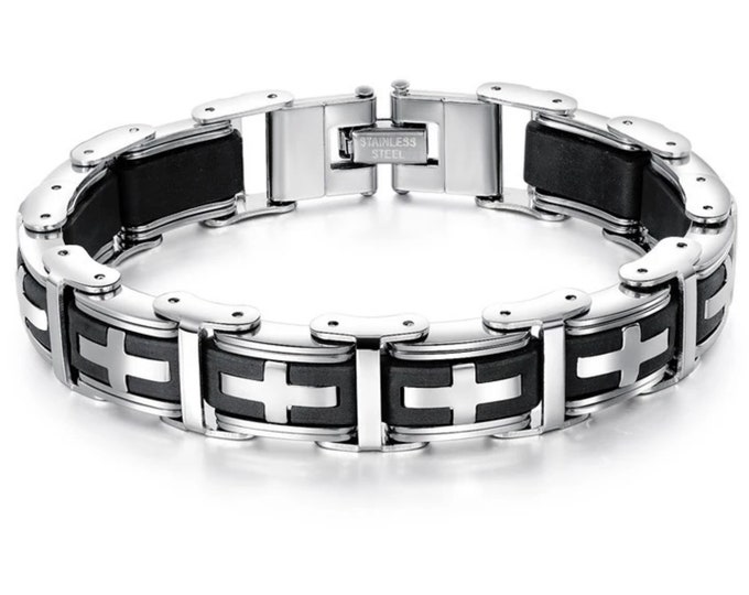 Heavy Silver Black Bracelet Cross Links for Mens Bangle Stainless Steel Engraved Boys Cuff Heavy Design Christian Jewelry Jewellery