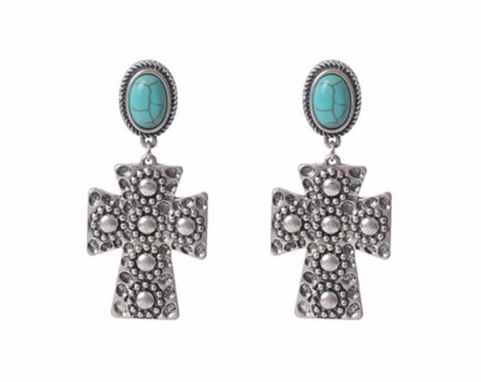 Turquoise Stud Earrings Drop Cross Dangle Dimpled Stud Jesus Crucifix Drop Womans Christian Jewelry Girls Turquoise Jewellery