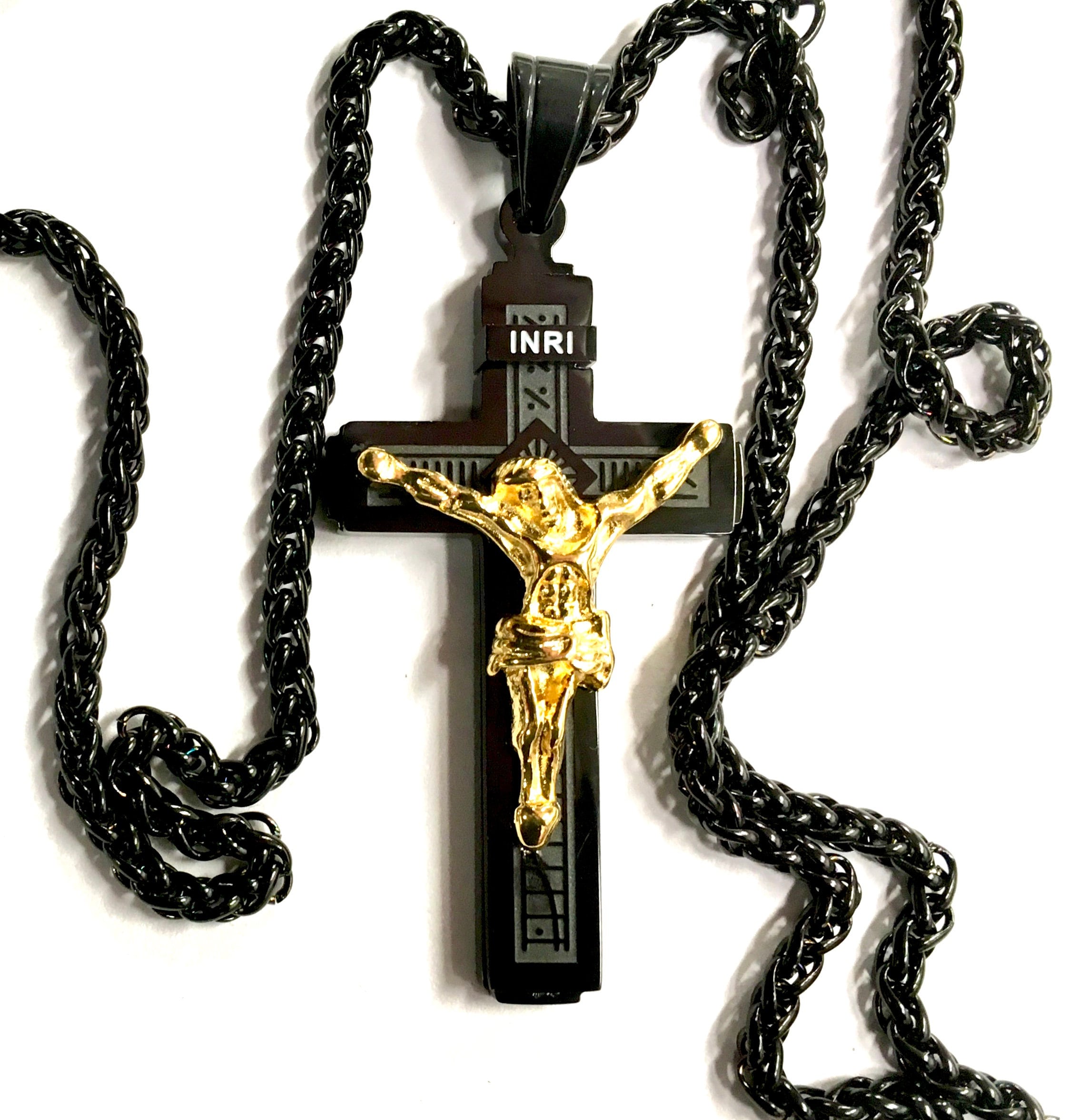 Medium Black Gothic Crucifix Cross Catholic Necklace for Men Black