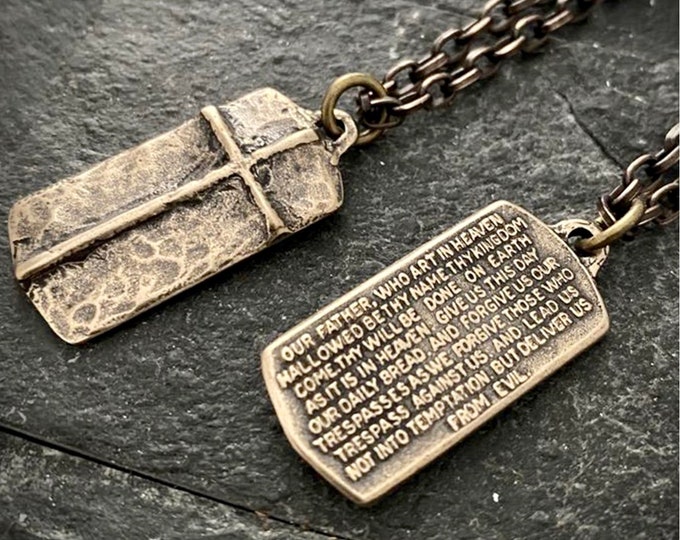 Bronze Cross Dog Tag Lord Prayer Necklace Our Father Crucifix Matching Chain Heavy Thick Cross Pendant Necklace for Men Women Christian