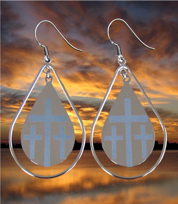 Cross Teardrop Hoop Earrings Silver 3 Crosses Dangle Drop Cross on Calvary Triple Cross forvWoman Girls Cross of Jesus Jewelry jewellery