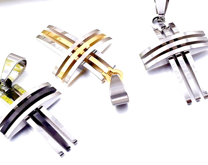 Silver Gold Black Cross Petite 3 Crosses Bar Necklace Men Boys 2 Colors Stainless Steel Super Heavy Chain Cross of Jesus Jewelry Jewellery