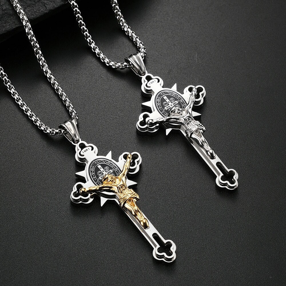 Mens black stainless steel cross necklace deals