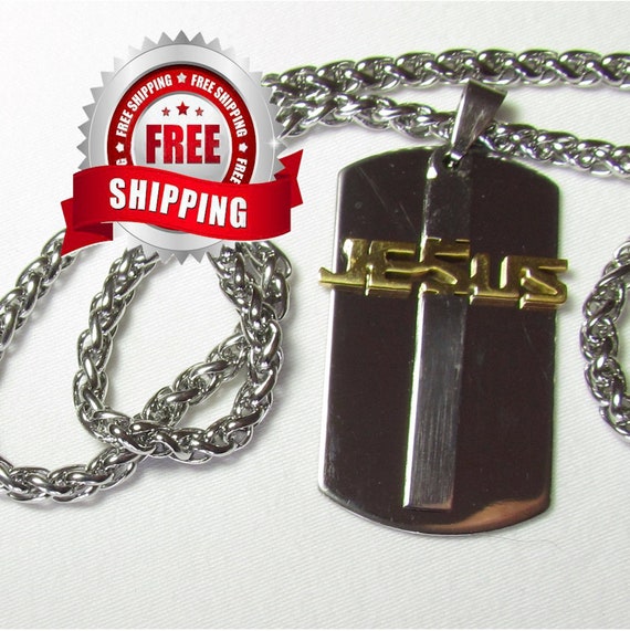 Silver Gold DogTag Necklace Pendant Jesus Cross Horizontal Cutout Stainless Steel Mens Boys Christian Jewelry - Saint Michaels Jewelry