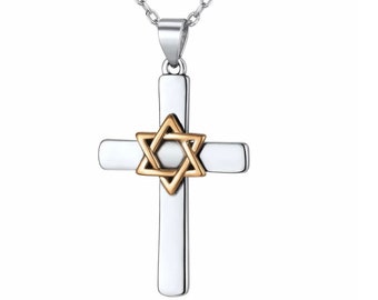 Sterlingsilber, messianischer Davidstern mit Kreuz-Halskettenanhänger, goldenes Kreuz, Kruzifix, hochwertige Halskette, Jesus, das Siegel Salomos