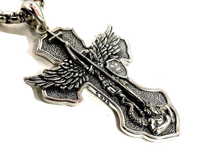 Angel Wing Saint Michael the Archangel Cross Solid Sterling Silver Waterproof Shield Patron Saint of Police Officers Soldiers Fire Fighters