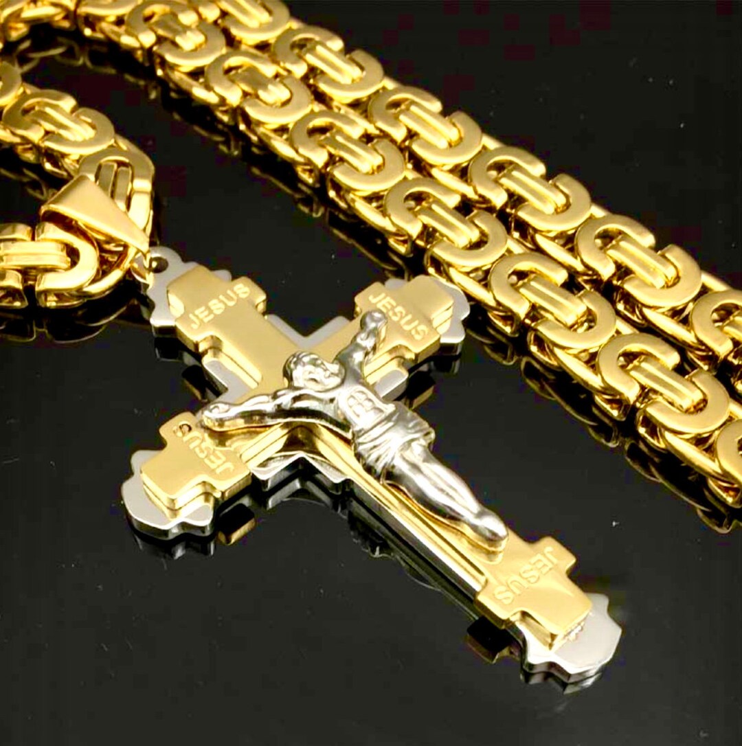 Large Stylish Crucifix Cross Heavy Mens Byzantine Necklace Waterproof Silver Gold Black Orthodox