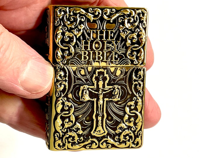 Cross Lighter Holy Bible Heavy Bronze Crucifix Deep Embossed Filigree Designed with Antiqued Accents God Jesus Christian Jewelry