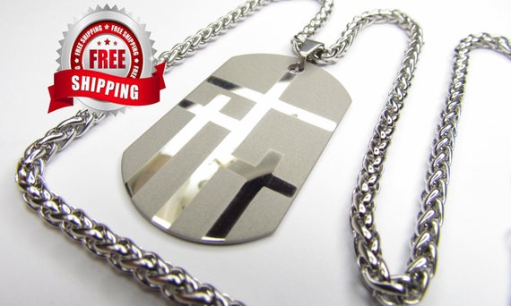 Large Silver Calvary Three 3 Cross DogTag Pendant and Stainless Steel Chain Christian Jewelry - Saint Michaels Jewelry - Calvary Three Cross