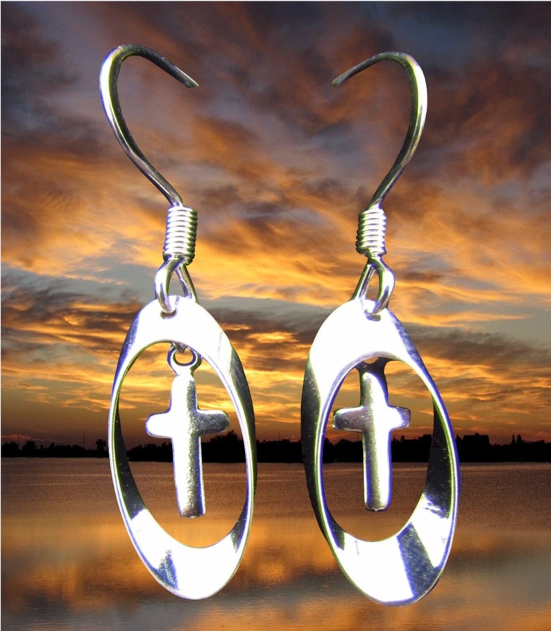 Tiny Silver Cross Earrings Hoop Small Drop Dangle Womans Girls Christian Jewelry Jewellery image 1