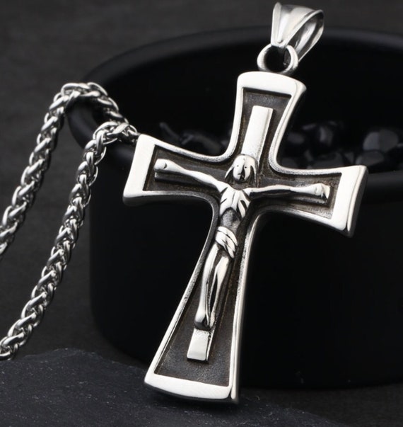 Heavy Silver Cross Crucifix Necklace for Men Solid Cast Stainless Steel Silver Black Cross 2 Color Super Heavy Chain Jesus Jewelry Jewellery
